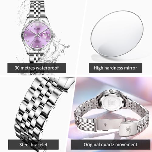 Image of OLEVS Watch Women Silver Watch for Women Luxury Diamond Womens Watches for Small Wrist Stainless Steel Waterproof Analog Quartz Date Elegant Reloj para Mujer