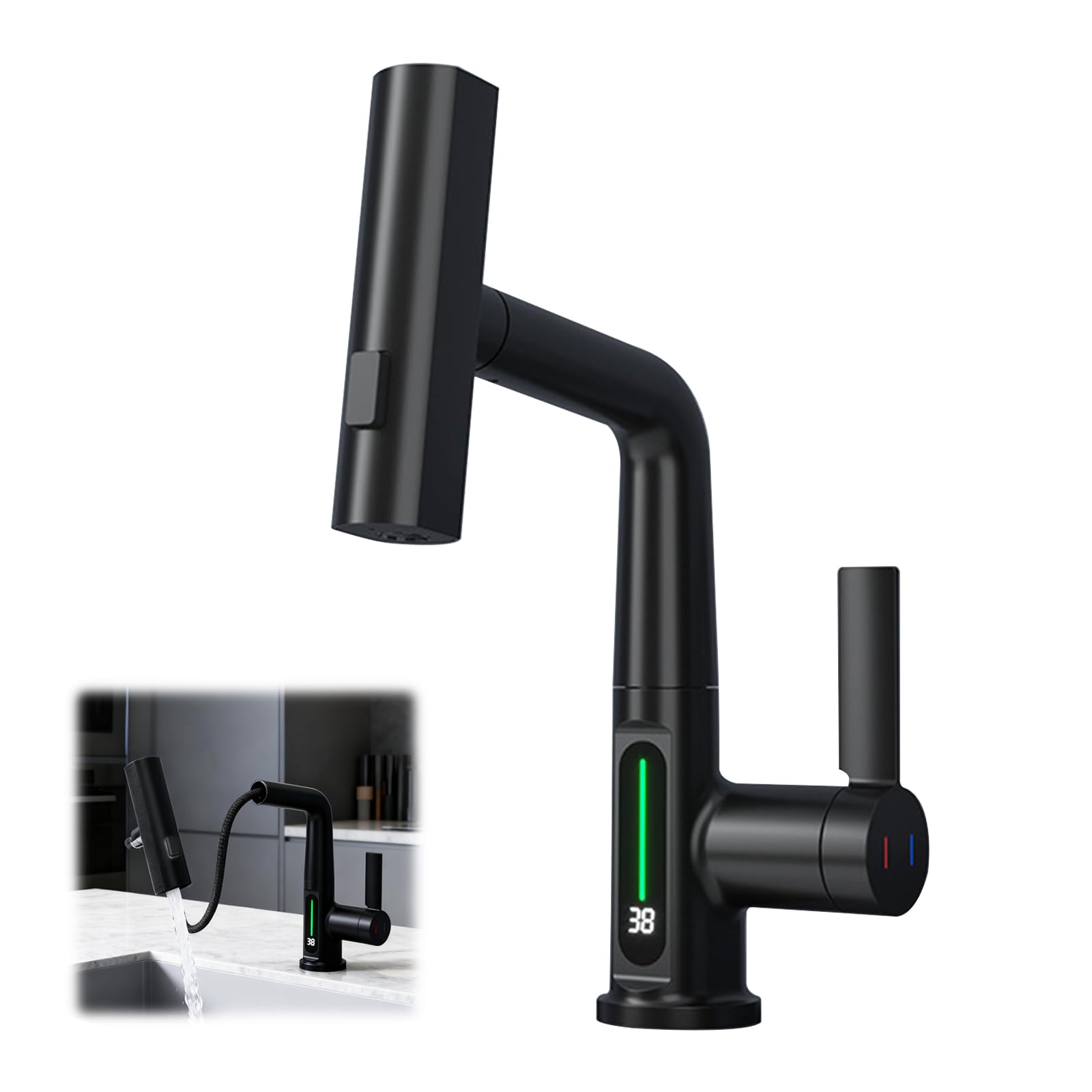 Grifo Cocina Extraible, Grifo de Baño con LED de Temperatura Grifos de Cocina Fregadero con 3 Modos de Flujo de Agua Orientable de 360° grifo de cascada de baño Negro Altura Ajustable