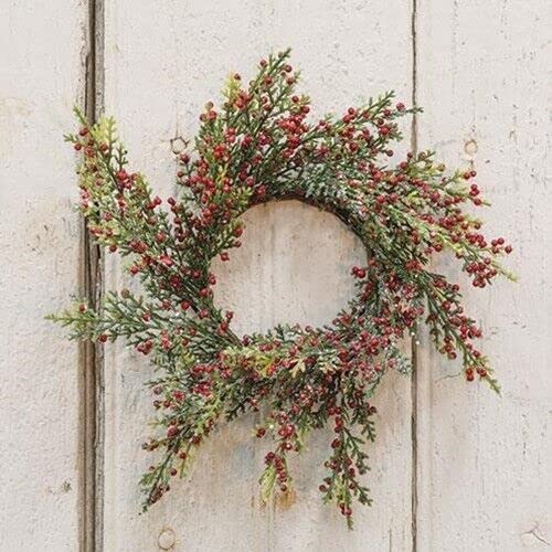 for Farmhouse Christmas ICY RED Pepper Berry Cedar Pine Candle Ring 3" Area Home & Garden