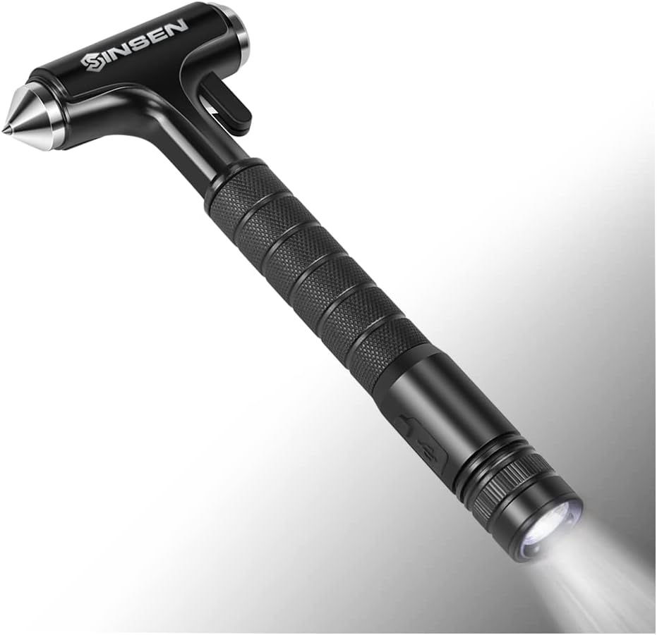 SINSEN Automotive Escape Tool, Window Breaker Seatbelt Cutter, Car Flashlight Safety Hammer, Emergency Kit Self Defense Accessories, Multifunction 4-in-1 Auto Tactical Gear, Rechargeable Powered Led