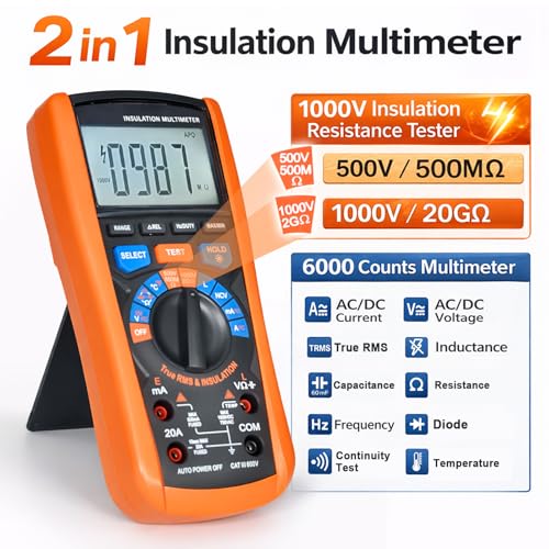 Image of Insulation Resistance Tester 1000V Megohmmeter w /TRMS Multimeter 2 in 1, AIOMEST Megaohm Meter w /IR Test, NCV, Volt, 20A Current, Capacitance, Inductance, Continuity, Hz & Temp for HVAC, Motor