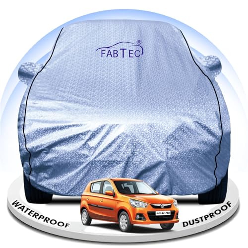 Image of FABTEC Metallic Silver Waterproof Car Body Cover for Maruti Alto k10 Sun, UV and Dust Protection with Mirror Pocket (Reflective Silver with Black Piping)