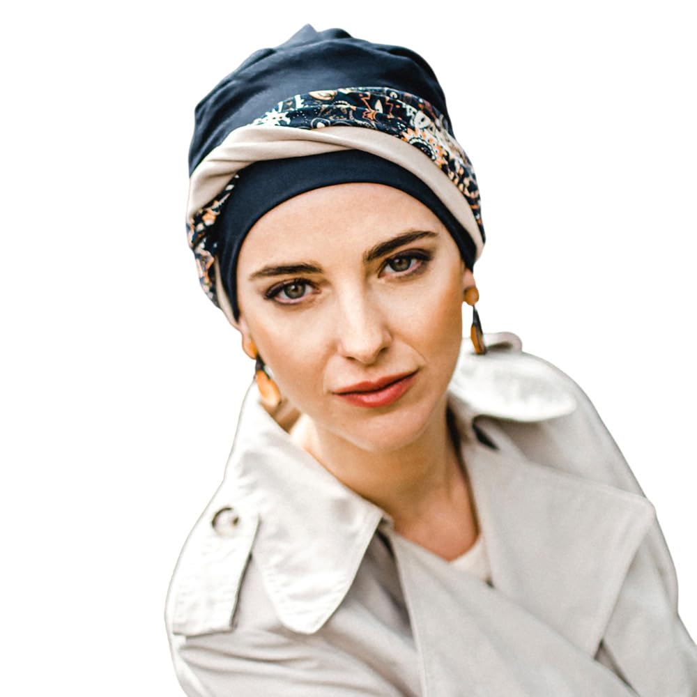 CAREBELL Turbante oncológico Modelo Confort – diseño Navy Paisley en algodón Natural, cómodo y Transpirable, Especial para quimioterapia, Alopecia y Pieles sensibles
