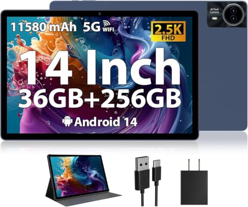 Image of 2026 Premium 14 inch Android Tablet: 2.5K IPS Display 36GB RAM 256GB ROM 1TB Expand | 8-Core 2.0HZ MT6769 Mali-G57 11580mAh Battery| 5G /2.4G WiFi Quad Box Speakers 8+13MP for Work Gaming Study-Blue