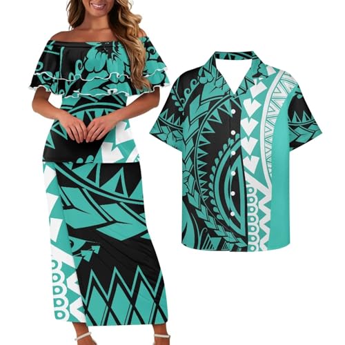 Cjfognsoa Polynesian Couples Tribal Outfits Matching Sets Samoa Tribal Puletasi Samoan Clothing Dress Traditional Tribal Matching Hawaiian Outfits for Couples Lava Lava Off Shoulder XL