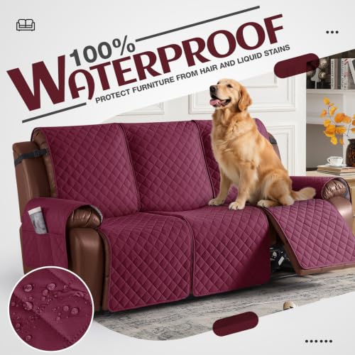 Image of KinCam Recliner Sofa Covers for 3 Seat, 100% Waterproof Reclining Couch Covers, Non-Slip Recliner Couch Cover Furniture Protector with Elastic Straps for Pets, Kids, Burgundy