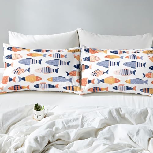 Image of jejeloiu Fish Bed Sheets Set Twin Size Ocean Sea Animal Bed Set for Kids Boys Girls Marine Theme Deep Pocket Fitted Sheet Marine Theme Breathable Soft Lightweight Microfiber