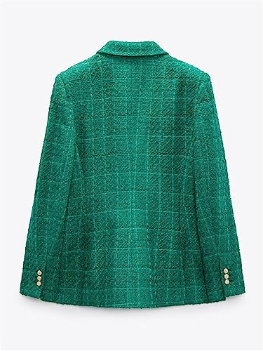 Women Double Breasted Tweed Check Blazer Coat Vintage Long Sleeve Pockets Chic Outerwear3