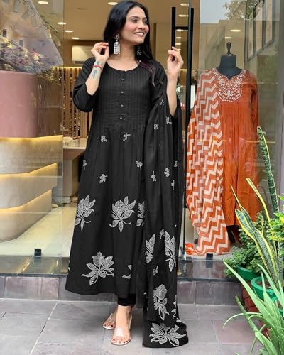 Image of GoSriKi Women's Rayon Blend Anarkali Printed Kurta with Pant & Dupatta | Ethnic Kurta Pant Dupatta Set for Women | Traditional Indian Wear Outfit