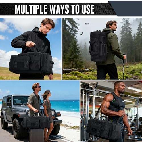 3 in 1 Tactical Gym Bag Backpack for Men 40-45L Expandable Travel Duffle Bag for Women Military Sport Duffel Bags Weekend Overnight with Shoe Compartment & Wet Pocket for Fitness, Black - Image 3