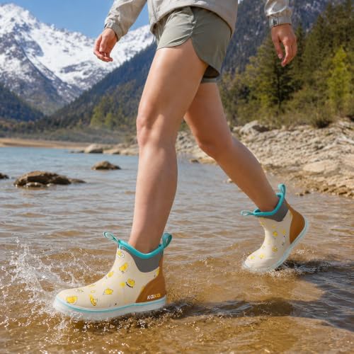 Image of Kalkal Women's Deck Boots, Waterproof Ankle Rain Boots Fishing Boots with High Traction, Women's Rubber Boots For Gardening Fishing Boating Camping