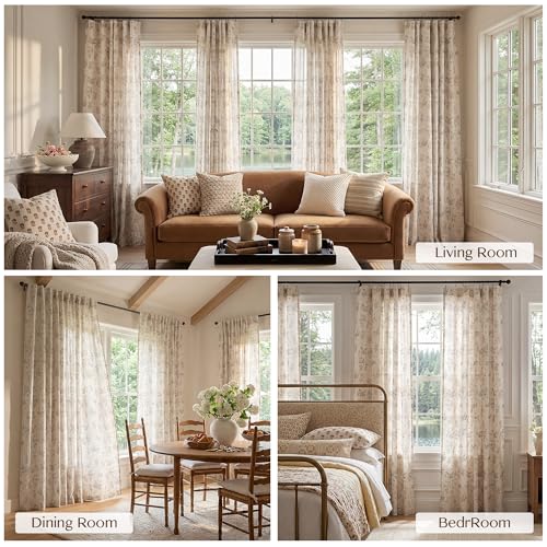 Image of THREE GIRLS Black Floral Beige Linen Curtains 95 Inches Long, Light Filtering Vintage Farmhouse Drapes, Back Tab Rod Pocket Window Treatments 2 Panels for Living Room Bedroom
