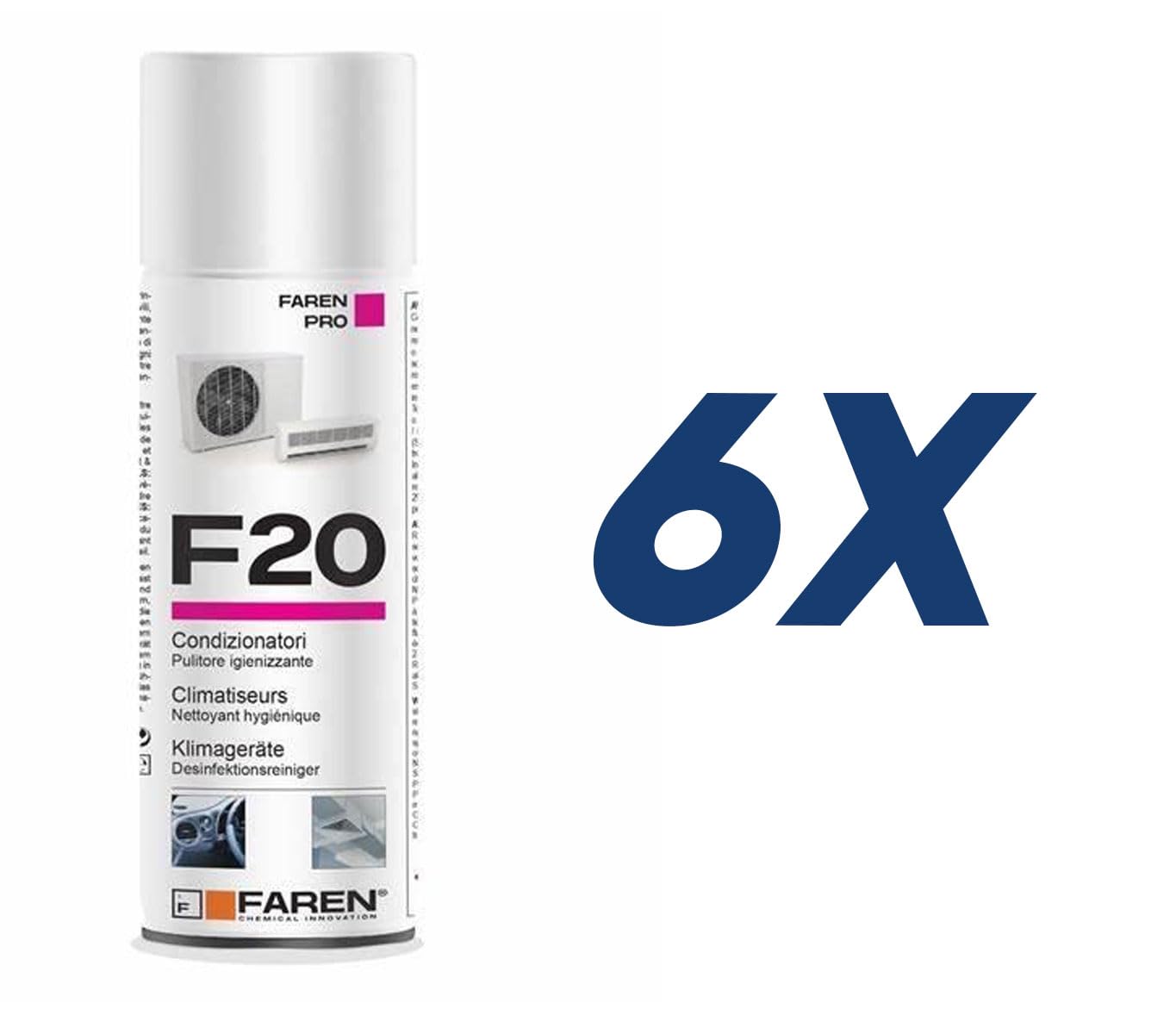 Igienizzante Spray F20 per Climatizzatori di Casa e Auto, gradevolmente profumato a base alcolica, 6pz x 400ml + 1 Paio di Guanti