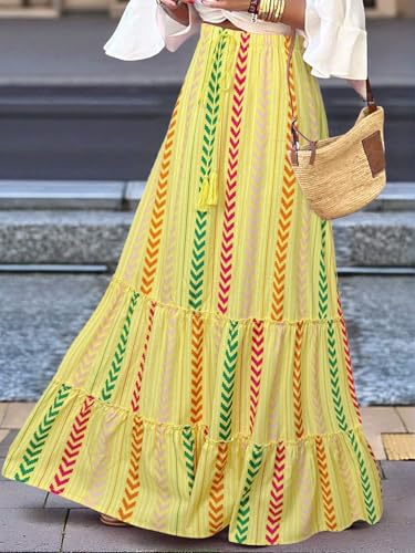 EARKOHA 2025 Women's Striped Pleated A-Line Maxi Skirt Casual Summer Boho Flowy Skirt Beach Vacation Outfits Yellow S2