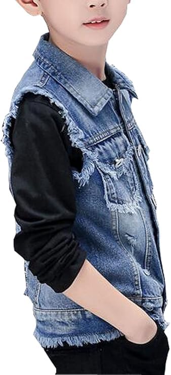 Boys Cowboy Single-Breasted Vest Jacket Child Denim Broken Hole Vest Sleeveless Jean Outerwear Jacket3