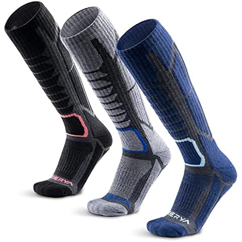 WEIERYA Merino Wool Ski Socks for Men & Women, Knee-High Winter Thermal Snowboarding Socks 3 - Pack Retro Black & Grey & Blue Large Cover