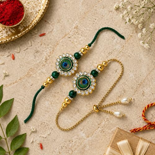 Image of Riddhika Ventures Glorious Gold Plated Religious Diamond Ring Rakhi || Traditional Rakhi Set of 2 & Festive Gift || Rakhi Gift Combo for Bhaiya Bhabhi (J2SM)