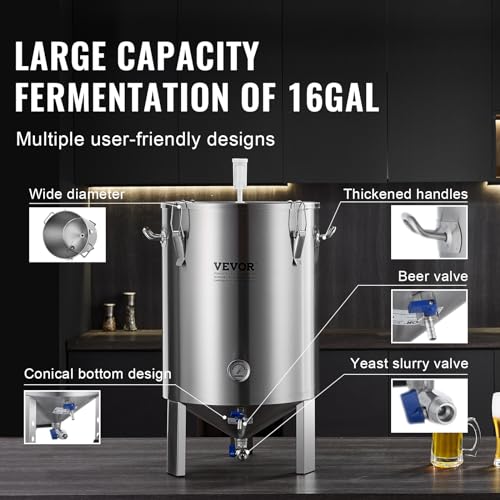 Image of VEVOR Fermentation Tank 16 Gal,Stainless Steel Beer Brew Fermentor, Brew Bucket Fermentor for Home Brewing with Conical Base Brewing Equipment