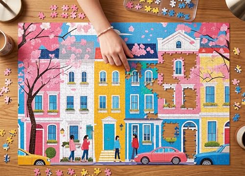 Image of Blossom Street | Premium Jigsaw Puzzle (500 Pieces) for Adults & Teens | Cherry Blossom Artwork | XXL Pieces | Brain Exercise, Stress Relief & Reduce Screentime |