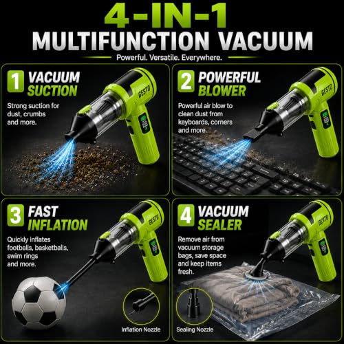 Image of Gesto Car Vaccum Cleaner, 4-in-1 Cordless Handheld Vacuum Cleaner & Air Blower, 18000Pa Portable Mini Vacuum Cleaner for Car, Sofa & Home, 100W Brushless Motor, 6000mAh Battery - 1 Year Warranty