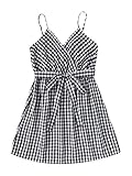 Milumia Women Plus Plaid Wrap V Neck High Waist Dress Gingham Belted Short Cami Dress Black and...