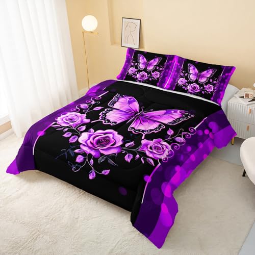 Image of QOOMO Cartoon Butterfly Kids Comforter Set,Flowers Print Bedding Set Full Size for Boys Girls Room Decoration,Purple Bed Set Microfiber Lightweight,1 Comforter 2 Pillowcases