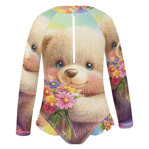 Rainbow Bear Girls Long Sleeve Swimsuit Rash Guard One Piece Bathing Suits Zipper 3-12T2