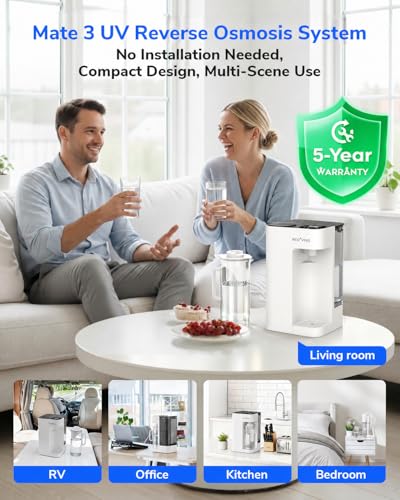 Image of Mate 3 UV Countertop Reverse Osmosis System Water Filter with Remineralization & Autofill Pitcher, 9-Stage RO Water Filtration, 3:1 Pure to Drain, No Installation, Self-Cleaning, Reduce TDS, White