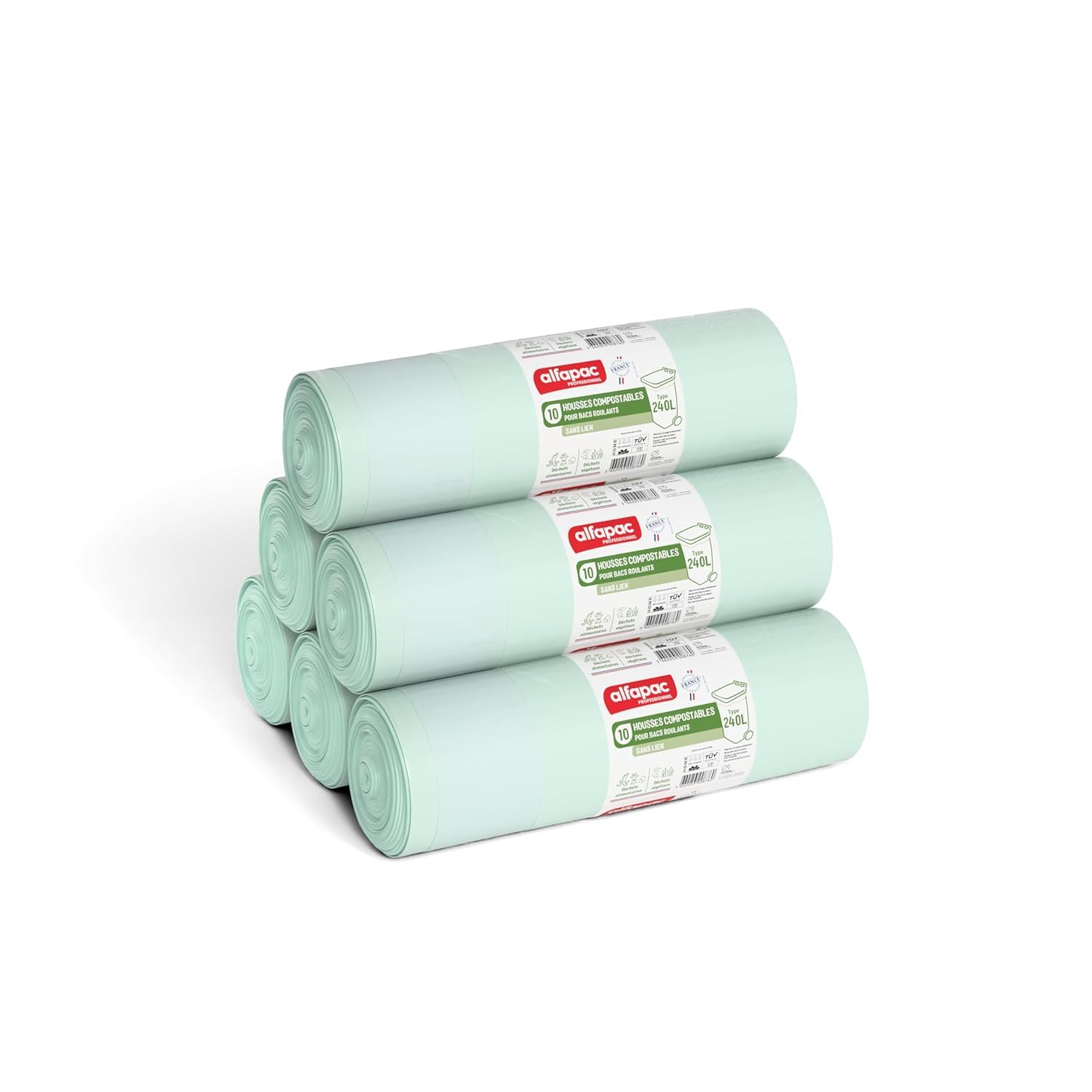 Alfapac Professional - Cartone da 100 fodere compostabili da 240 l, per cassetto rotelle, 5 rotoli da 20 coperture, prodotte in Francia, per rifiuti organici