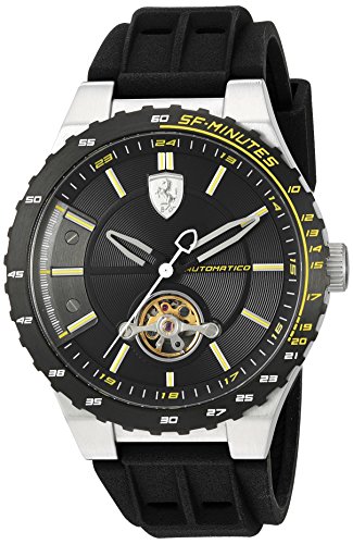 Scuderia Ferrari Men's Stainless Steel Mechanical-Hand-Wind Watch with Silicone Strap, Black, 0.63