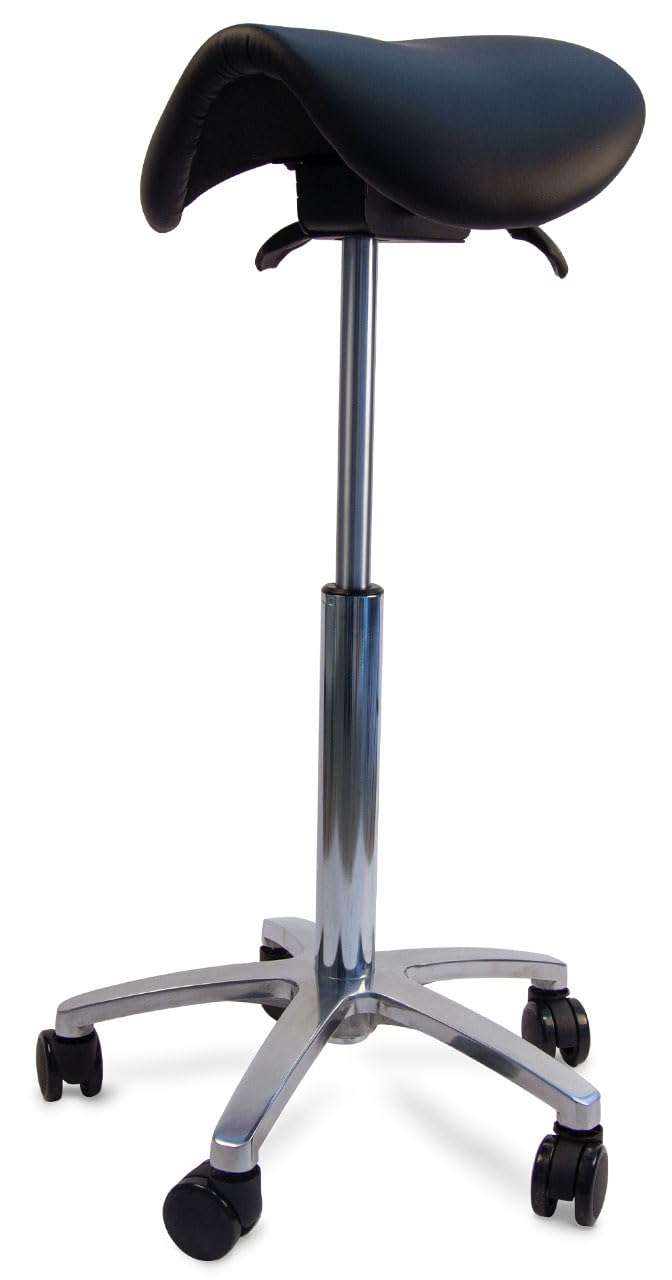 Ergolutions® Ergonomischer Sattelhocker - Belastbar bis 150kg, Bis 86cm Höhe, Rollhocker mit Federung, Veganer Lederbezug, Therapiehocker, drehbare Universalrollen, Schwarz