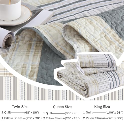 Image of Homzard Quilt King Size - Cotton King Size Comforter,Beige Grey Plaid Bedding Set,Striped Bedspread Set(106 * 98 Inches),3 Piece