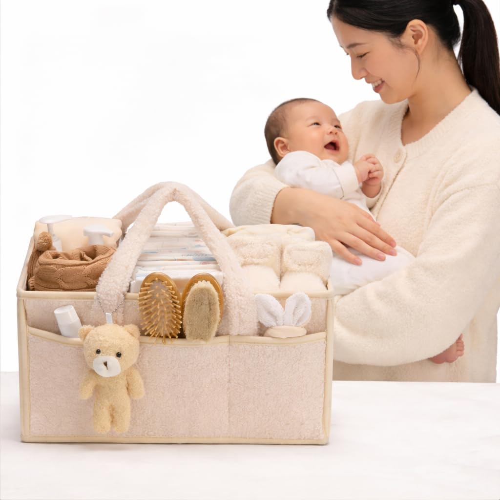 NSXVIA Baby-Windel-Caddy Organizer für Wickeltisch, Baby-Aufbewahrungskorb für Windeln und Feuchttücher, Geschenk für Babyparty, Auto-Caddy Organizer, Kindergarten-Windel-Organizer (cremeweiß) - 3