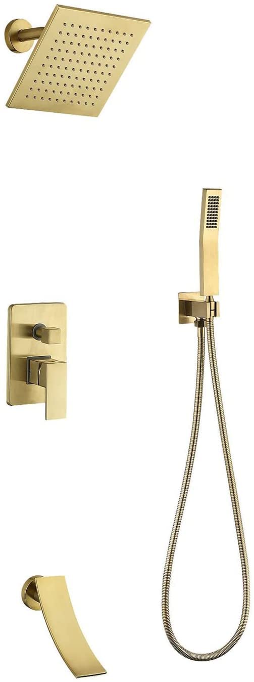 doccia Set di rubinetti per doccia monocomando Set combinato doccia a pioggia a parete Vasca in oro spazzolato e kit di finiture per doccia con soffione a pioggia quadrato da 8 pollici, spruz