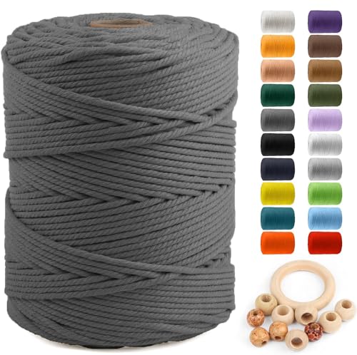 Image of ZUEXT Macrame Cord, Gray, 5mm x 328yds Cotton String Macrame Yarn