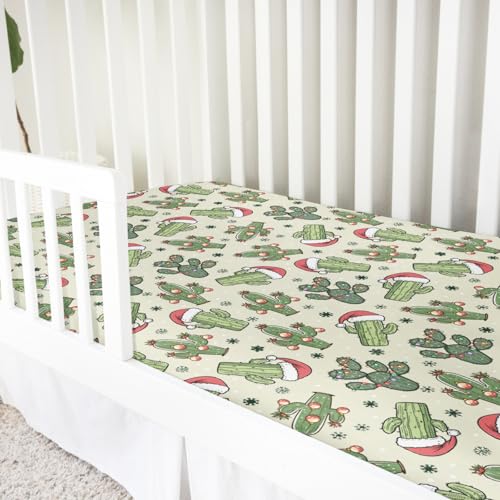 Image of Christmas Cactus Baby Crib Sheet 52''x28'' Desert Christmas Cactus Hats Snowflakes Fitted Crib Mattress Cover for Boy Girl Western Cactus Soft Baby Bed Sheets for Standard Crib and Toddler Mattress