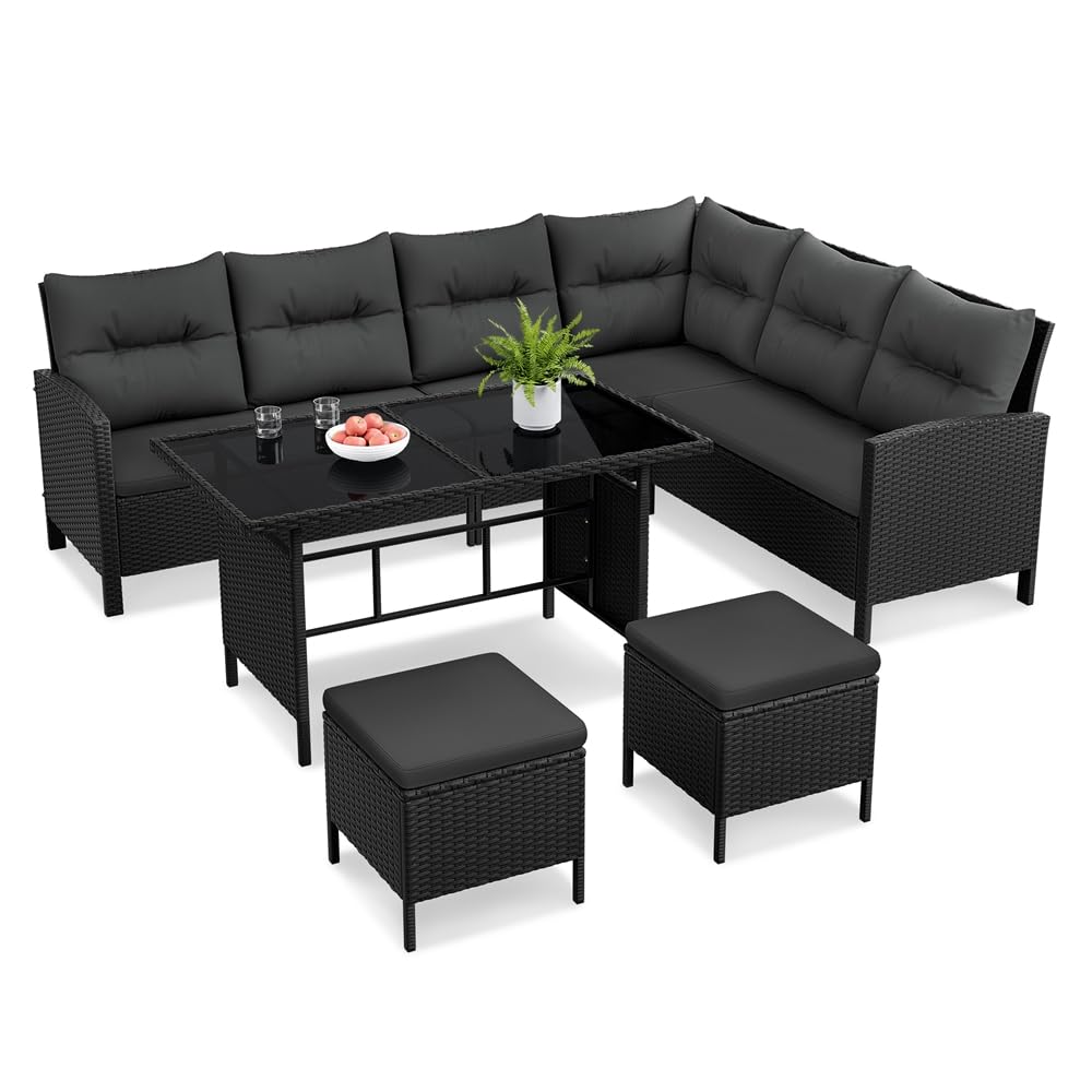 Yaheetech Juego de Muebles de Jardín 4 Piezas, Sofás de Ratán para Exterior con Mesa de Vidrio Templado Mesa y Sillas para Balcón Terraza Patio, Negro/Gris