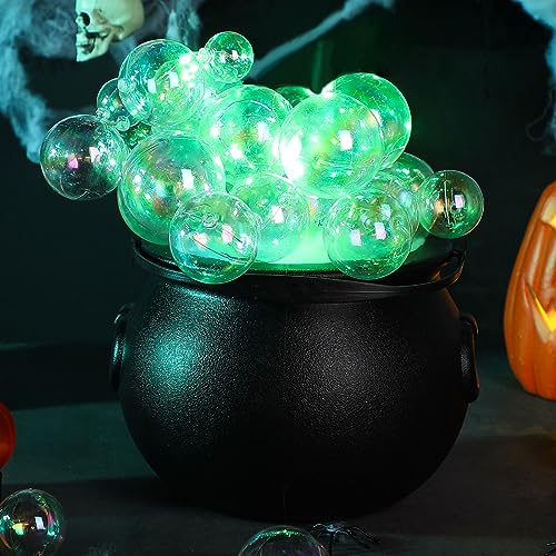 Jenaai 96 Pcs Halloween Bubbling Cauldron Set with 40 Ball Ornaments 2 Lights String 20 g Spider Webs 2 Fake Spider 50 Adhesive Points for Party(Warm White Green)