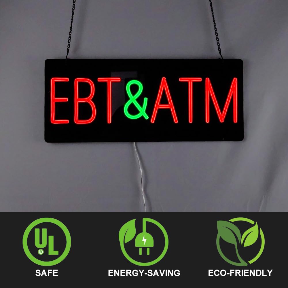 Neonowy znak EBT i ATM dla firm, neonowy znak LED do EBT i ATM zasilacz 12 V, neonowy znak świetlny do sklepu EBT i bankomatu, dekoracja okna sklepu, 48 cm x 20 cm