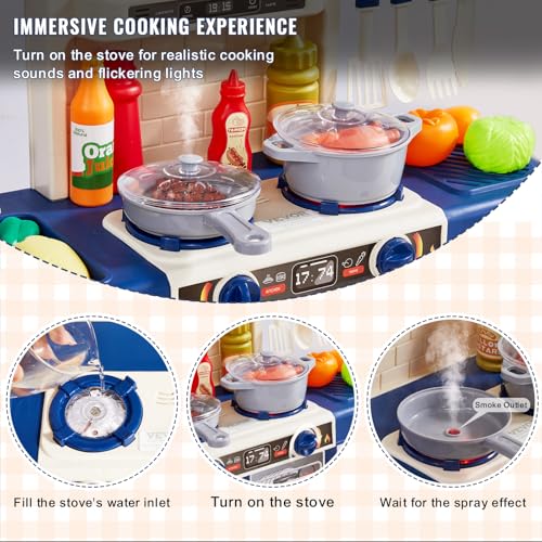 Image of VEVOR Kids Kitchen Playset 48PCS, Pretend Play Kitchen with Cooking Stove with Steam, Sounds and Lights, Play Sink and Play Food, Toy Kitchen Set for Toddlers (Blue) Size 18.5 inch x 9.4 inch x 30.7 inch