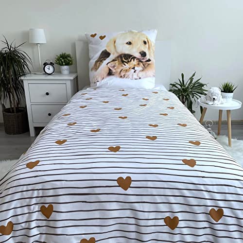 Jerry Fabrics Golden Retriever Wende-Bettwäsche-Set Bettbezug 135x200 Kissenbezug 80x80 Reißverschluss 100% Baumwolle Hund Katze Welpen