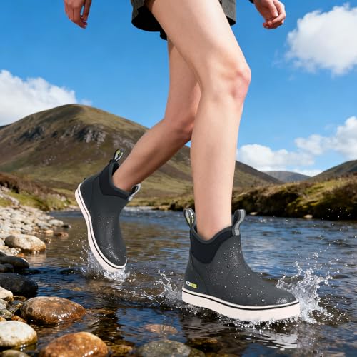 Image of Kalkal Women's Deck Boots, Waterproof Ankle Rain Boots Fishing Boots with High Traction, Women's Rubber Boots For Gardening Fishing Boating Camping