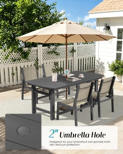 Image of Ciokea HDPE Outdoor Dining Set, Patio Table and 4 Stackable Chairs, Grey | All-Weather Furniture Set with 2 inch Umbrella Hole and Armless Chair. Breathable Teslin Fabric Suitable for Outdoor Leisure.