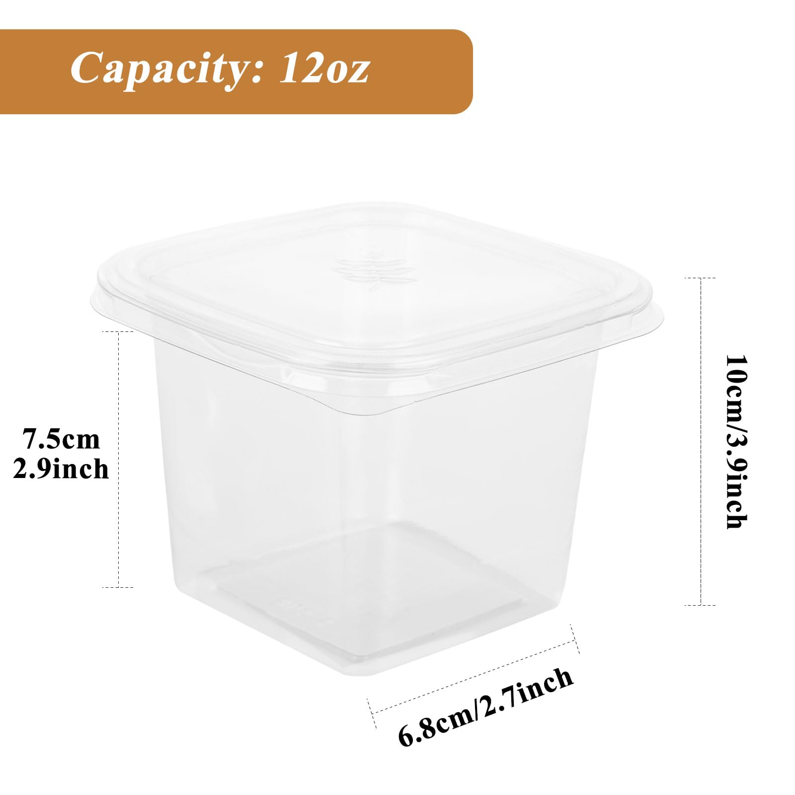 Lot de 100 gobelets à dessert carrés en plastique transparent avec couvercles pour cupcakes, pudding, mousse, crème glacée - 360 ml