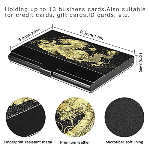 ALAZA Japanese Gold Dragon Black Business Card Holder Leather, Stainless Steel Slim Pocket Wallet Business Card Carrier Case Holder3