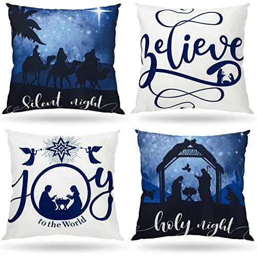 Lounsweer LOUNSWEER-PILLOWS CUSHION-659 4 Pieces Christmas Pillow Covers 18 X 18 Nativity Scene Pillow Cover Holy Night Jesus Nativity Throw Pillow Case cover
