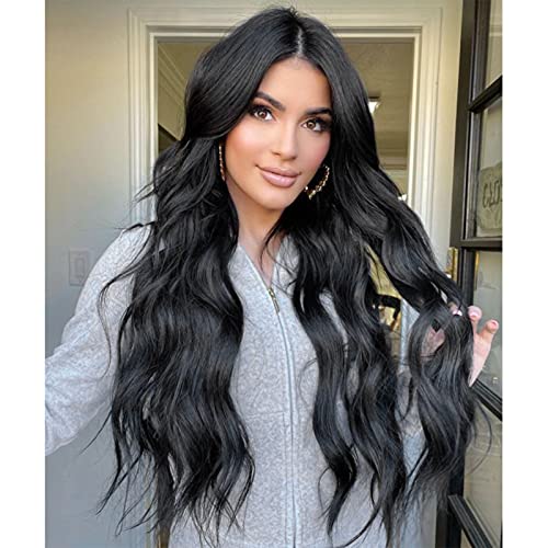 Stamped Glorious Long Black Wavy Wigs for Women Middle Part Curly Wig Natural Looking Synthetic Heat Resistant Fiber Wigs for Daily Party Use Wig
