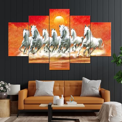 perpetual Running Horse Painting for Wall Decoration - Set Of Five, 3d Scenery Vastu Wall Painting for Living Room Large Size with Frames for Home Decoration, Hotel, Office (125 CM X 60 CM) H6et