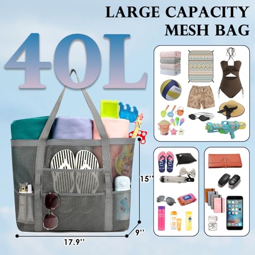 Image of Fammart Mesh Beach Bag for Women, Large Beach Toy Pool Bag with Zipper Pocket, SandProof Cruise Essentials 2026 Family Travel