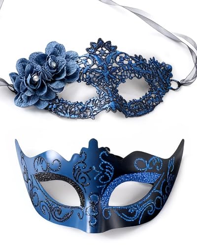 Zinniday Blue Masquerade Mask for Couples 2 Pcs Venetian Carnival Masks with Women Flower Lace Mask and Men Antique Eyemask 2026 Couple Mask Set for Renaissance Ball Prom Cosplay Party Dress Up